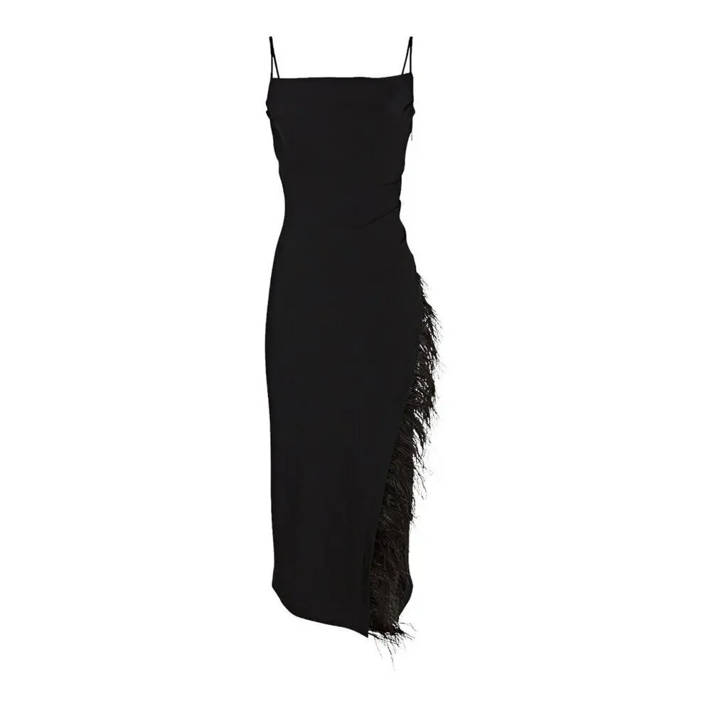 Derek Lam 10 Crosby Nellie Black Cowl Neck Feather Trim Midi Dress Size 2 NWT - Picture 2 of 12